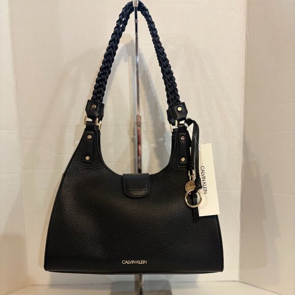 Brand New wight Tags Calvin Klein Shelly Black Pebbled Leather Purse Satchel - Picture 1 of 8